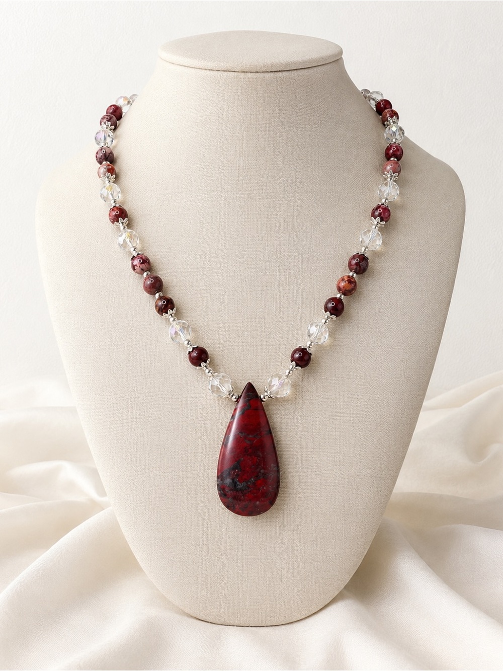 Brecciated Red Jasper & Porcelain Jasper Statement Necklace 19” Hand Crafted NWT